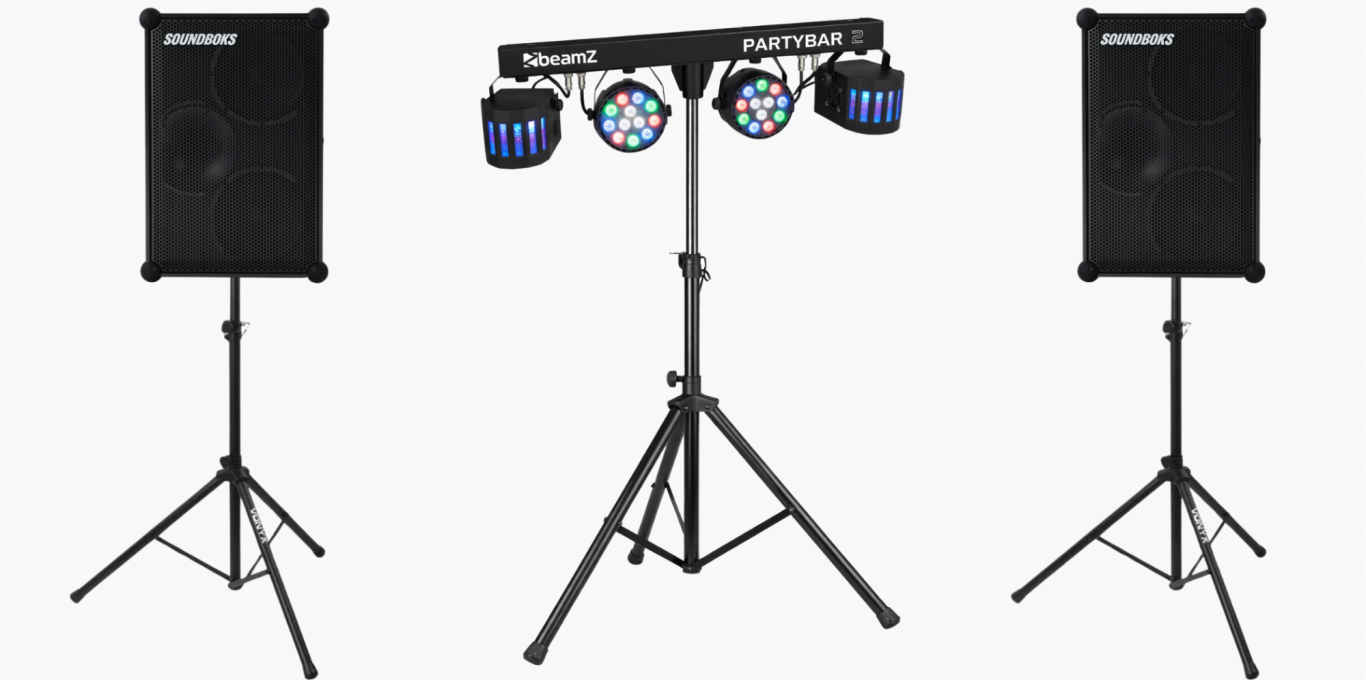 Paket 1 - für 90 € 2× SOUNDBOKS 4 mit 2 Stativen und BeamZ Partybar 2 Partybeleuchtung – starke Akkulautsprecher für Outdoor-Events