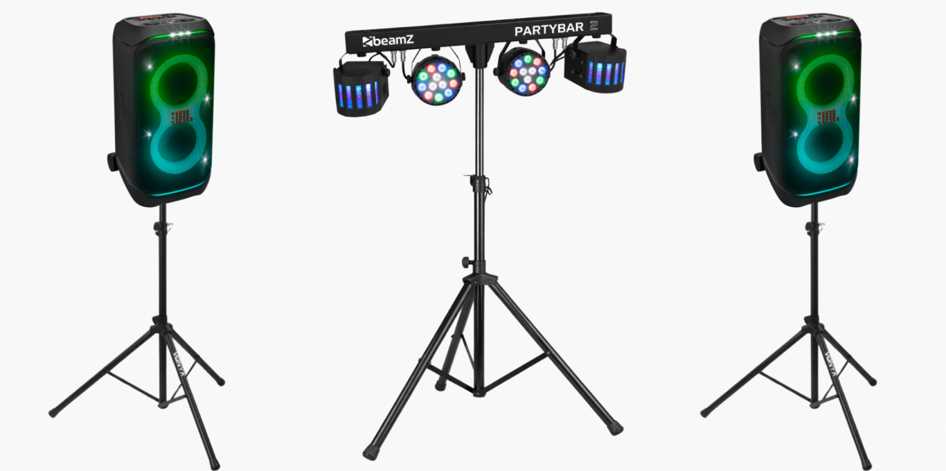 Paket 2 - für 80 € 2× JBL Partybox 320 mit Stativen und BeamZ Partybar 2 Discobeleuchtung – Lautsprecher & Licht für Feiern