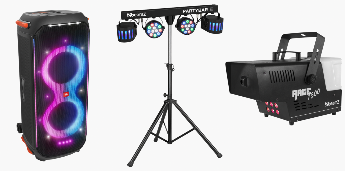 Paket 3 - für 90 € JBL Partybox 710, BeamZ Partybar 2 und BeamZ Rage 1500 Nebelmaschine – Show-Effekte mit Nebel und Licht