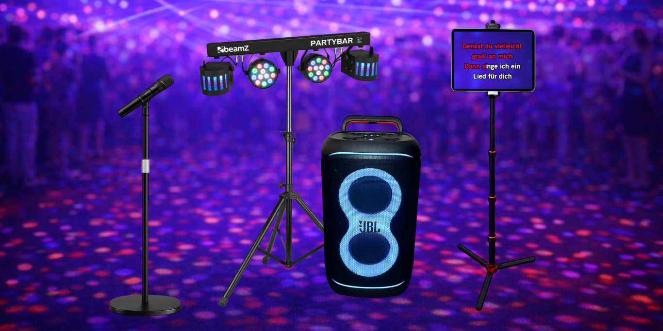 Karaoke-Komplettpaket mit JBL Partybox 320, BeamZ Partybar 2 Partybeleuchtung, 2 kabellosen Mikros und Display mit Songtext