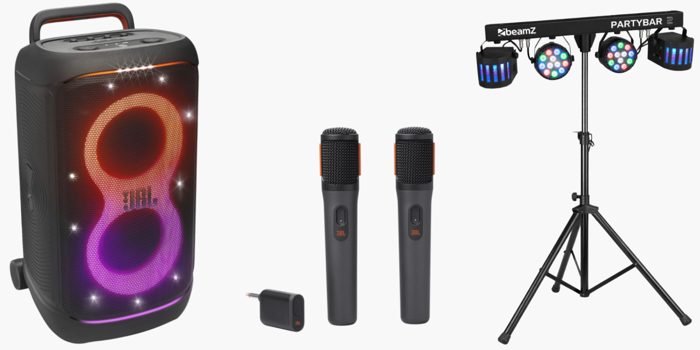 Karaokepaket - für 60 € JBL Partybox 320, BeamZ Partybar 2 Partybeleuchtung und 2 kabellose JBL Karaoke-Mikrofone – Karaoke & Partyset